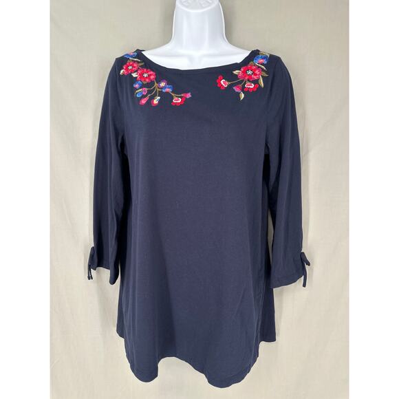 Talbots Top Womens Small Navy Blue Floral Embroidered Boho Cottage Tunic Cotton - Picture 1 of 8